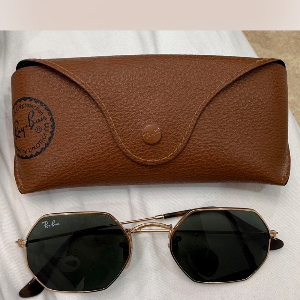 Ray-Ban Gold Hexagonal Sunglasses with Brown Case